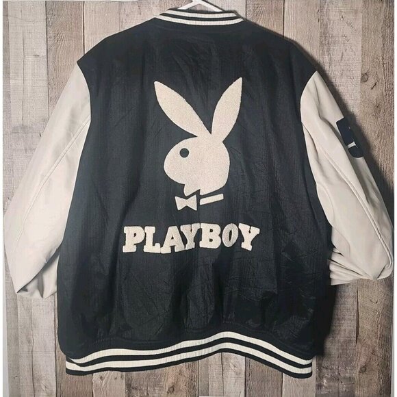 Playboy Varsity Jacket Mens Large XL Black White Long Sleeve Logo Bunny Graphic - Picture 6 of 11